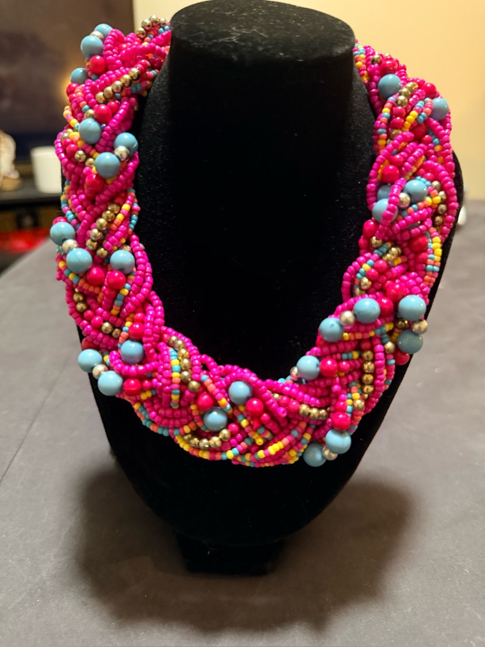 Vibrant Pink Braided Bead Necklace with Turquoise Accent Beads